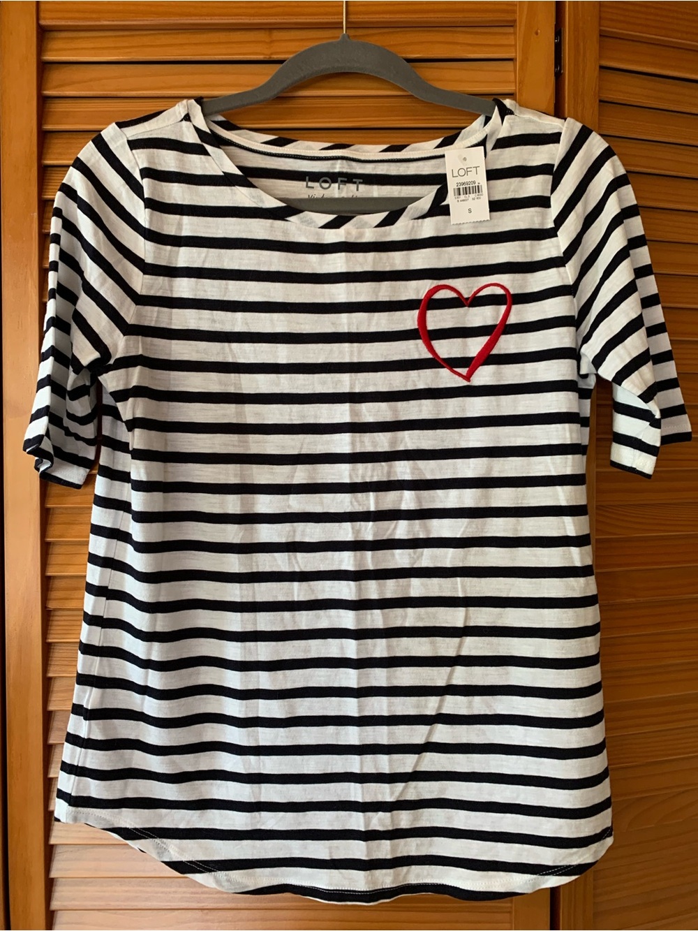 NWT LOFT Black and White Striped Vintage-Soft Tee with red heart size small